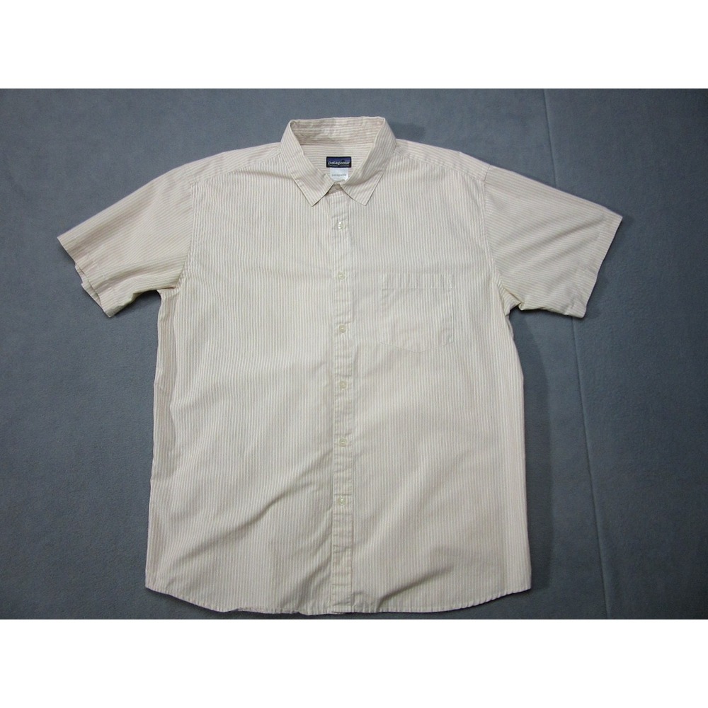 Patagonia Shirt Mens XL Beige Red Striped Short Sleeve Outdoor Button Up Hiking